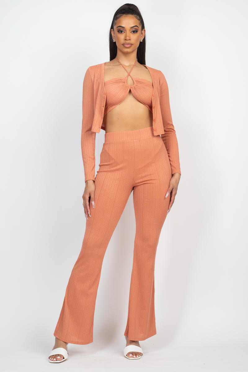 Halter Bralette Top with Jacket & Flare Pants Set